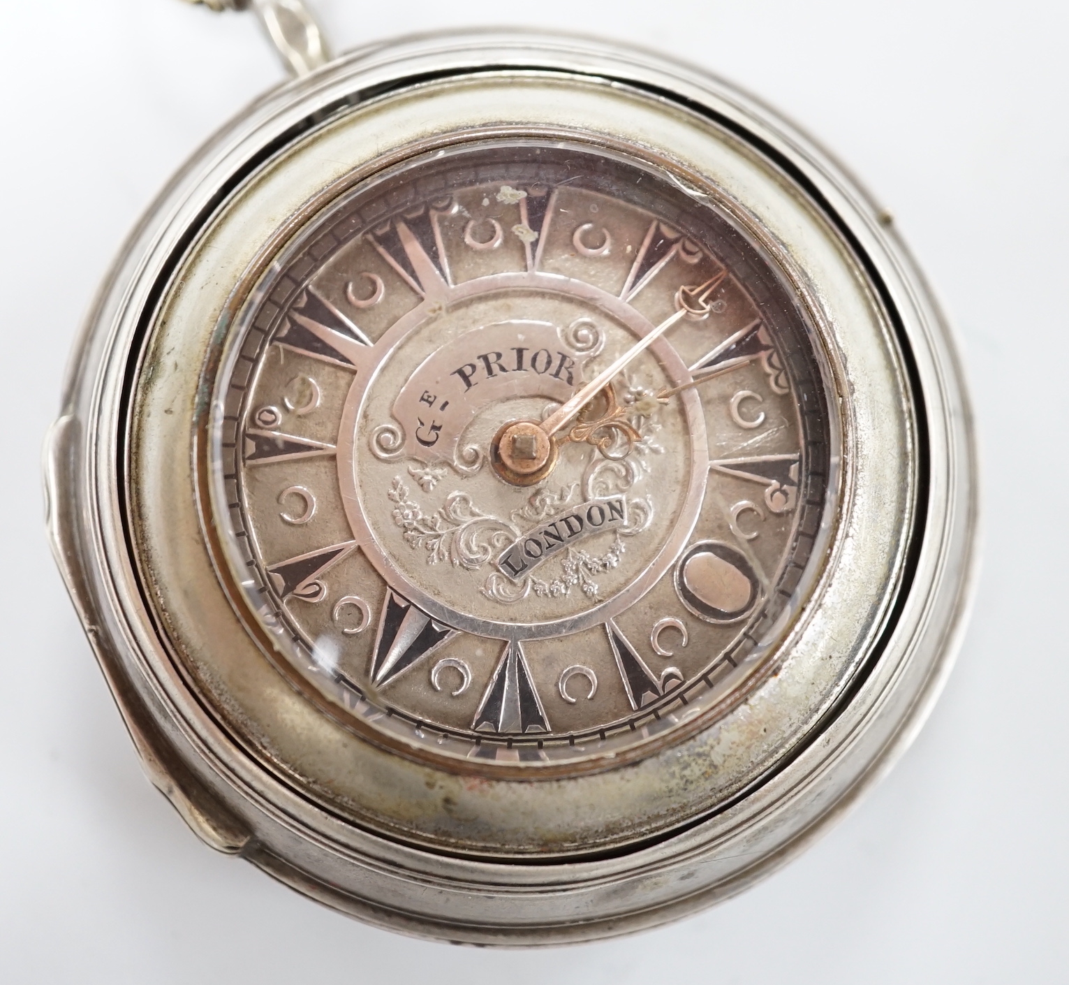 A 19th century base metal pair cased keywind verge pocket watch by George Prior, for the Turkish market, case diameter 62mm.